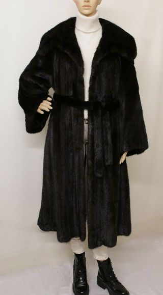 Real Mink Fur Blackglama Darkest Brown Black Long Swing Belt Coat 10 - 12 - 14 Uk/ L