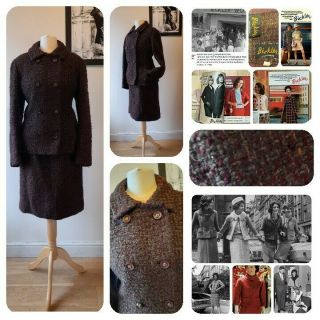 1960s British Vintage Brown Burgundy Boucle Suit By Bickler Sz M 10 12