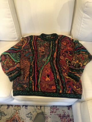 Coogi Vintage Sweater - Textured Multi Color Animal Pattern - Large - 100 Merceri