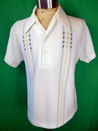 Vintage 60s 70s White Yellow & Blue Crimplene Bisley Rockabilly Polo Shirt L