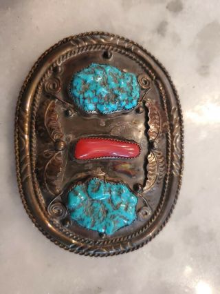 Vintage - Jf 1911 - Western Styled Rare Sterling Silver And Turquoise Belt Buckle