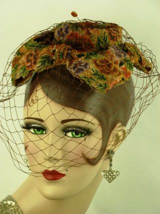 Vintage Hat Bes - Ben Cocktail Hat Elaborate Embroidered Pansies,  Bows Beads & Pin