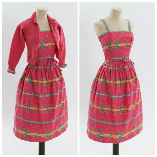 Vintage 1950s Pink Novelty Print Horrockses Dress And Cardigan Xs