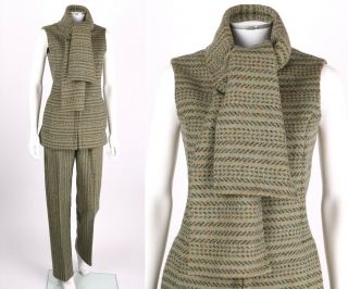 Vtg 60s Jacques Tiffeau 2pc Wool Herringbone Tweed Scarf Collar Vest Pants Set S