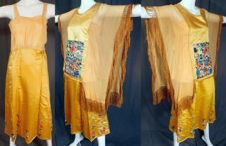 Antique Chinese Yellow Silk Forbidden Stitch Embroidered Art Deco Boho Dress Vtg 2