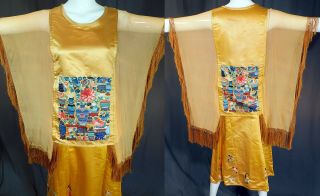 Antique Chinese Yellow Silk Forbidden Stitch Embroidered Art Deco Boho Dress Vtg 3
