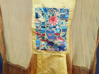Antique Chinese Yellow Silk Forbidden Stitch Embroidered Art Deco Boho Dress Vtg 4
