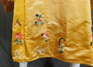 Antique Chinese Yellow Silk Forbidden Stitch Embroidered Art Deco Boho Dress Vtg 6