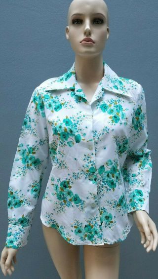 Vintage 60s/70s Shirt Blouse Womens Sz 16 Teal Green Floral Button Party Costume