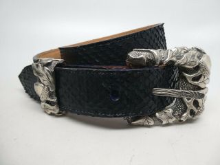 Stephen Dweck Acorn Leaf Ornate Sterling Belt Buckle Black Snake Belt Size 35 "