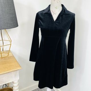 Vintage 90s Womens Velvet Shirt Dress Black Long Sleeve A - Line Goth Size 12