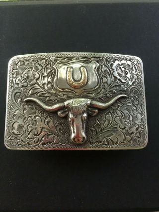 Fritch Bros Steer Head Sterling Silver And 10k Gold Horseshoe Trophy Buckle