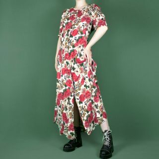 Vintage 80s 90s Grunge Bow Tie Long Pink Green Floral Maxi Pattern Dress M 14