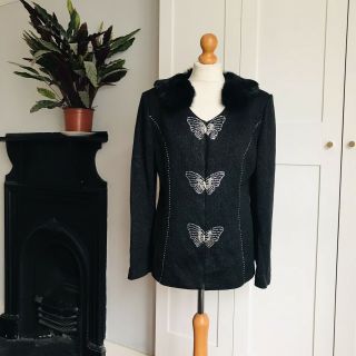 Vtg 80s Black Sparkly Silver Wool Fur Collar Diamante Butterfly Cardigan 12 14
