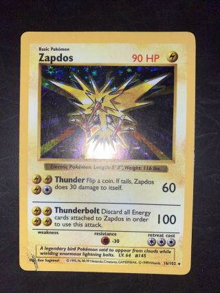 Pokemon Zapdos Shadowless Holo Card 16/102 - Corner Damage