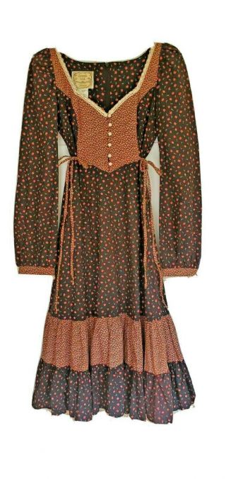 Gunne Sax Prairie Dress,  Floral Calico,  Black With Red Roses,  Size 11