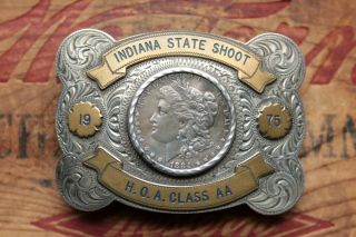 Vtg Sss Sterling Silver Morgan Dollar Indiana State Shoot 75 Trophy Belt Buckle