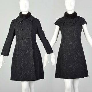 M 1960s Black Wool Brocade Short Winter Coat Dress Mink Collar Two Piece 60s Vtg