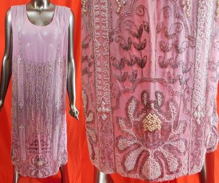 Vintage Art Deco Pink Silk Chiffon Rhinestone Pearl Beaded Flapper Dress & Scarf