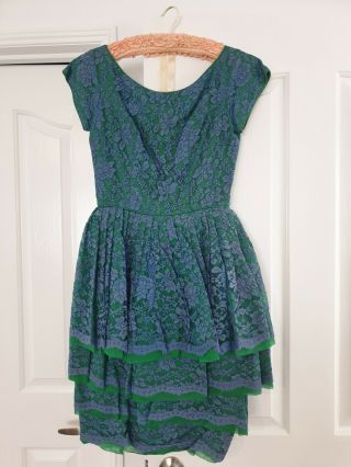 Vintage 50s Green And Periwinkle Lace Party Dress Xxs Bubble Tiered Skirt