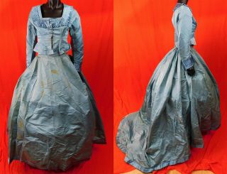 Victorian Civil War Era Blue Silk Bodice Hoop Skirt Train Wedding Gown Dress Vtg