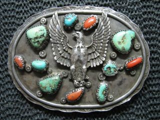 Early Native Sterling Silver Turquoise Coral Eagle Belt Buckle Vintage 82g