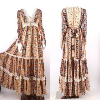 Vintage 70s Gunne Sax Lace Up Bodice Print Prairie Peasant Maxi Dress Gown 9 11