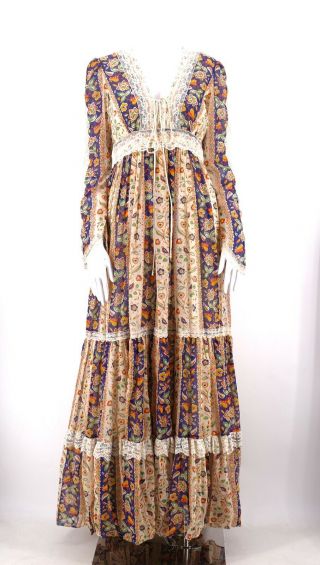 vintage 70s GUNNE SAX lace up bodice print prairie peasant maxi dress gown 9 11 2