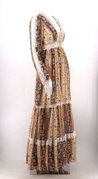 vintage 70s GUNNE SAX lace up bodice print prairie peasant maxi dress gown 9 11 3