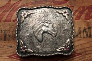 Vintage Sterling Silver 10k Gold Cowboy Cowgirl Horse Head Western Belt Buckle
