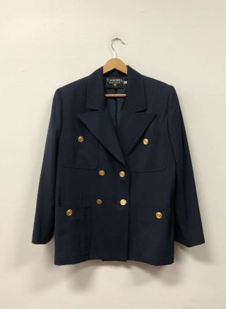 Vtg 1980’s Chanel Boutique Navy Blue Double Breasted Blazer,  Great Buttons