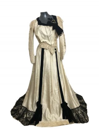 Antique Victorian Dress Bodice Skirt Set Authentic Boned Corset Silk 1890s 1880s