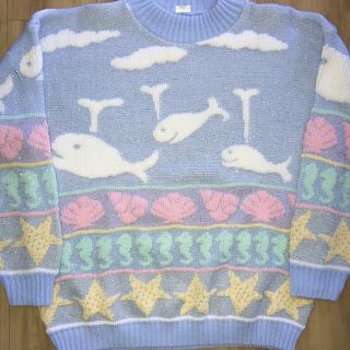Rare Vintage Pastel Ocean Whale Sweater Kawaii Fairy Kei 80s 90s Adele Arielle