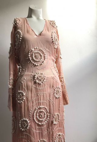 Antique 1910s 1920s Pink Cotton Gauze Dress Gown Pom Pom Embroidery French Vtg