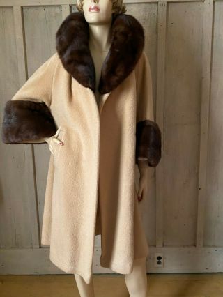 Vintage Lilli Ann Mink Fur Collar Cuffs Clutch Swing Coat.  Pristine Vintage