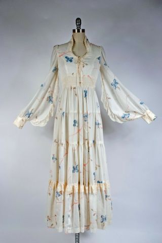Rare 1970s Gunne Sax Corset Prairie Cottage Core Dress With Dogwood Print
