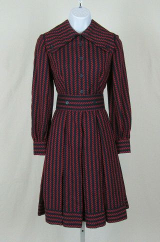 Vtg 1960s Mod Iconic Geoffrey Beene Wool Dress & Belt Blue Red Spartan Pleated