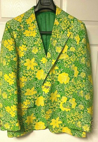 Lilly Pulitzer Mens Stuff Green And Yellow Floral Hopsack Blazer 44 Vtg 1970s