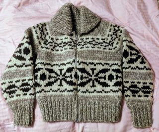 Unisex S M Cowichan Canadian Hand Knitted Sweater Full Zip Cardigan Wool Na
