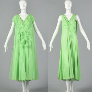 M 1960s Claire Sandra Lucie Ann Green Night Gown Peignoir Set Lounge Sleep 60s