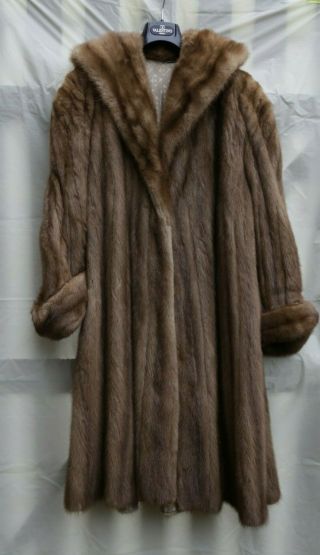 Vintage 90s Light Brown Tan Shawl Collar Eveline Real Mink Fur Coat Midi M L