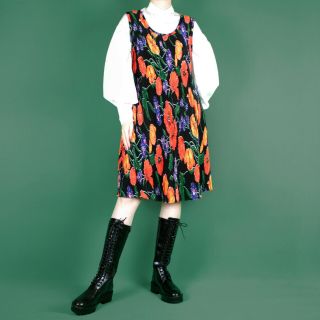 Vintage 80s 90s Grunge Knee Black Floral Crinkle Retro Print Pattern Dress M 12
