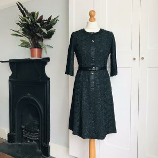 Vintage 60s 70s Black Cotton Satin Lace Embroidered Belted Smart Dress 12