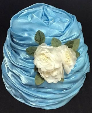 Vintage Hat Beehive Chiffon Floral Metallic Sky/powder Blue 1960’s