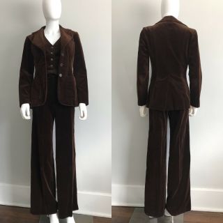 Vtg 70’s Brown Velvet 3pc Suit Bell Bottom Wide Lapel Crop Vest Bronson Of Ca Xs