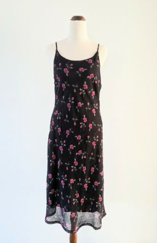 90s Y2k Vintage Black Pink Floral Slip Crinkle Midi Lined Dress - Sz 10 - 12