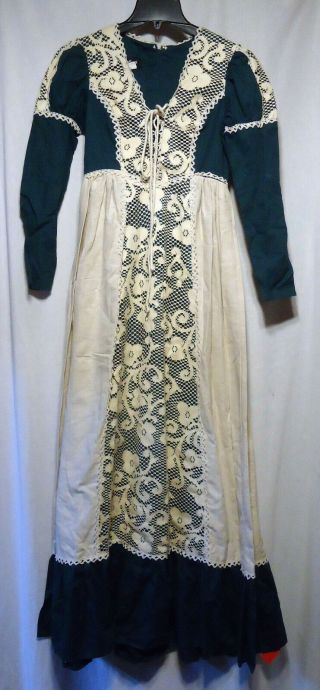 Vintage 70s Gunne Sax Prairie Dress Jacobean Green & Ivory Lace Black Label Sz 7