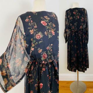 Vtg 1970s Treacy Lowe Gauzy Silk Chiffon Black,  Floral Dress Midi Belted S M