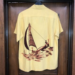 Vintage 1940’s “catalina” Catamaran Pattern Back Panel Rayon Hawaiian Shirt - M