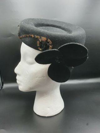 Vintage 1950s Black Wool Felt Hat With Huge Flower And Sequins